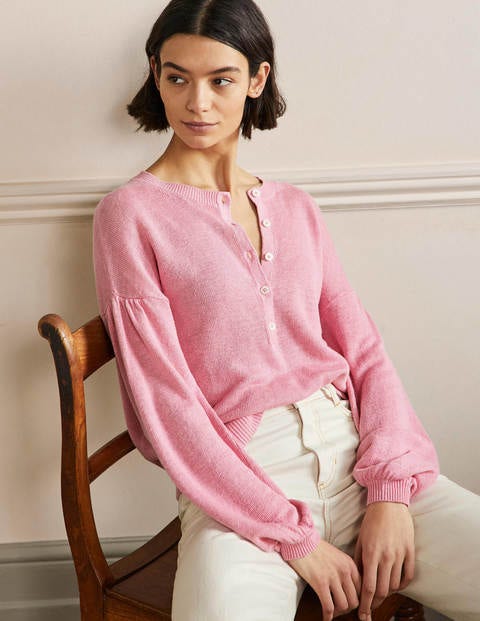 Leandra Linen Henley Sweater - Posy Pink