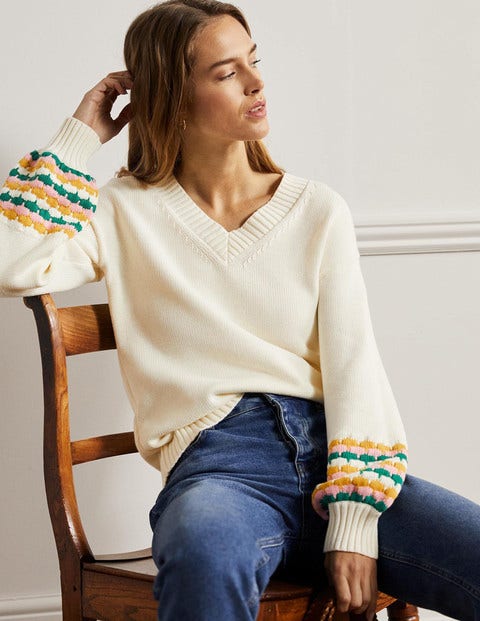 Stitch Cuff V-neck Sweater - Ivory, Stripe
