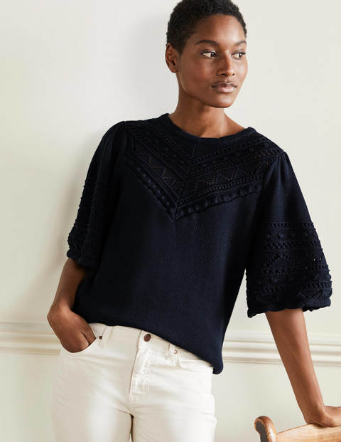 Wide Sleeve Crochet Sweater - Navy