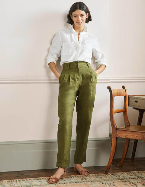 Pleated Turn Up Linen Pants - Pea Green