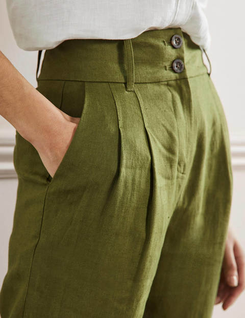 Pleated Turn Up Linen Pants - Pea Green
