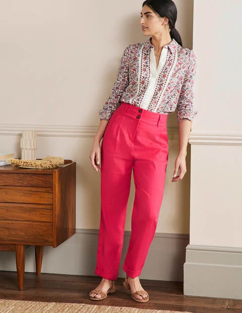 Pleated Turn Up Linen Pants - Radish Pink