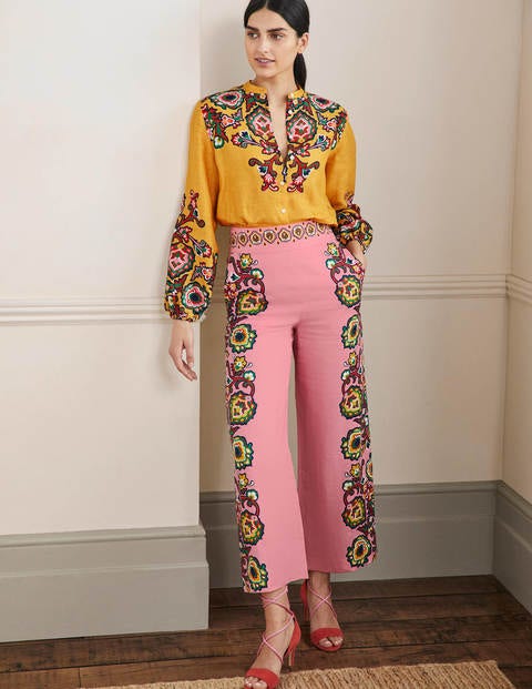 Pantalon imprimé en lin - Azalée, motif Decorative Blooms