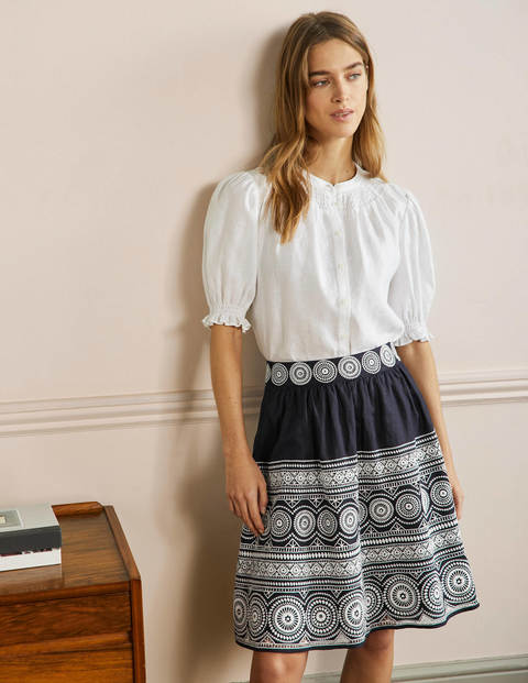 Tamsin Embroidered Linen Skirt - Navy, Embroidery