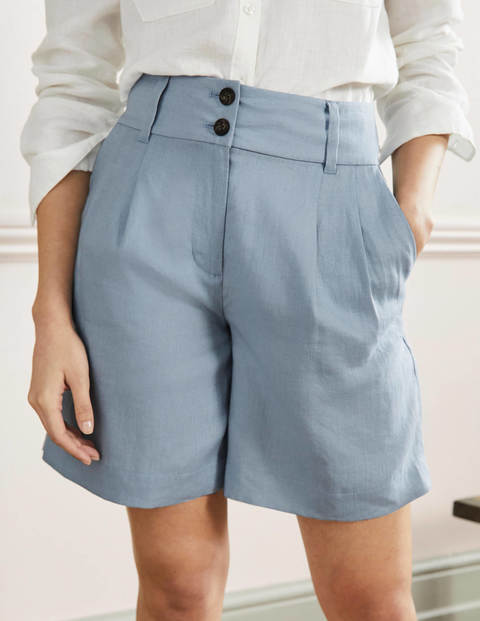 Linen Pleat Shorts - Dusty Blue