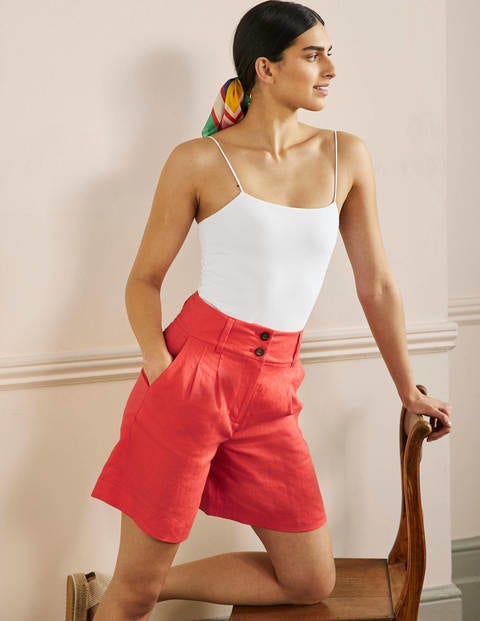 Pleated Linen Shorts - Hot Coral