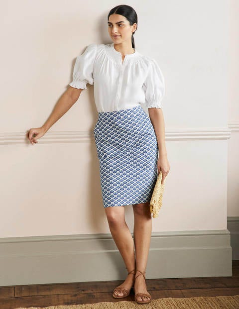 Textured Pencil Skirt - Ivory, Blue Oriental Bud