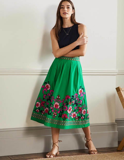 Embroidered Full Cotton Skirt - Rich Emerald, Multi Embroidery