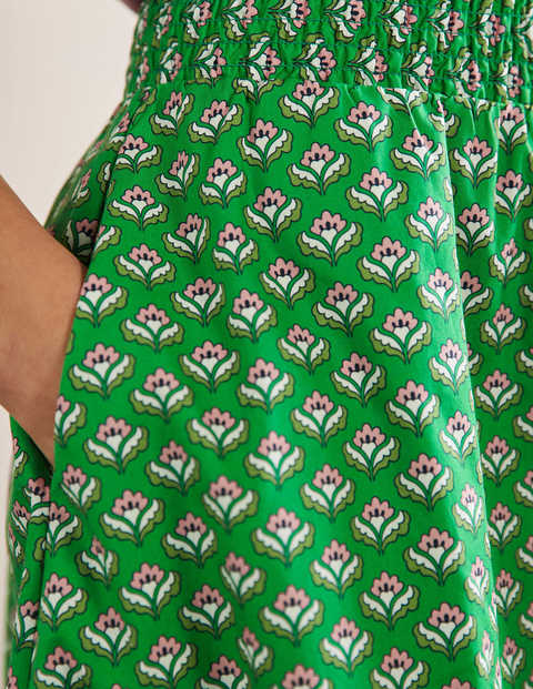 Shirred Waist Cotton Skirt - Green, Oriental Bud