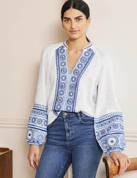 Tamsin Embroidered Linen Top - White 