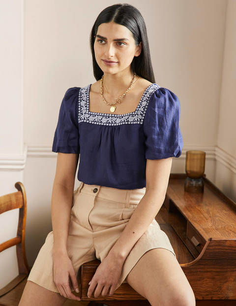 Square Neck Linen Top - Navy Embroidery