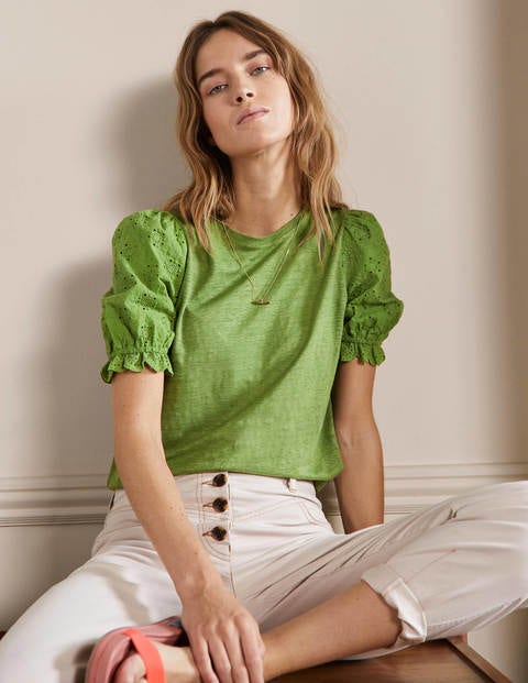 Broderie Sleeve Linen T-Shirt - English Ivy