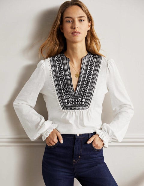 Embroidered Notch Neck Top