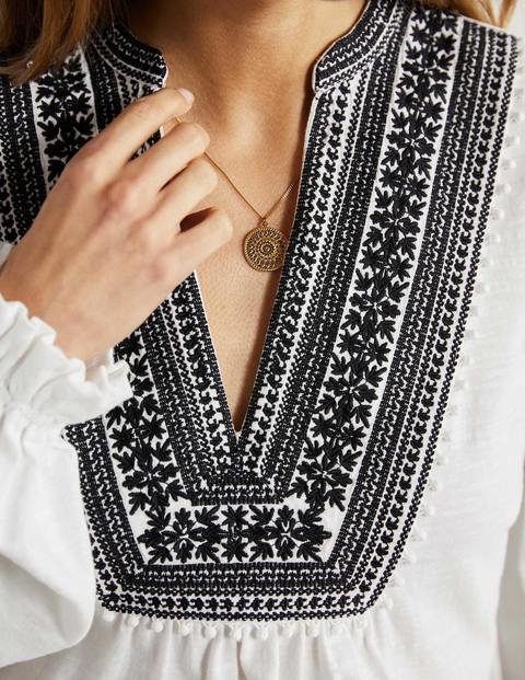 Embroidered Notch Neck Top - White, Embroidered