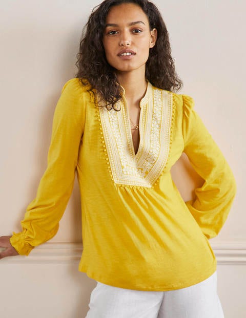 Embroidered Notch Neck Top - Lemon Fizz, Embroidered