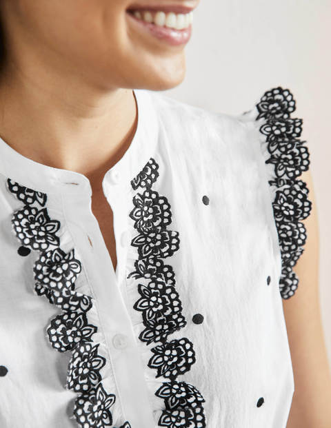 Sleeveless Embroidered Shirt - White, Black Broderie