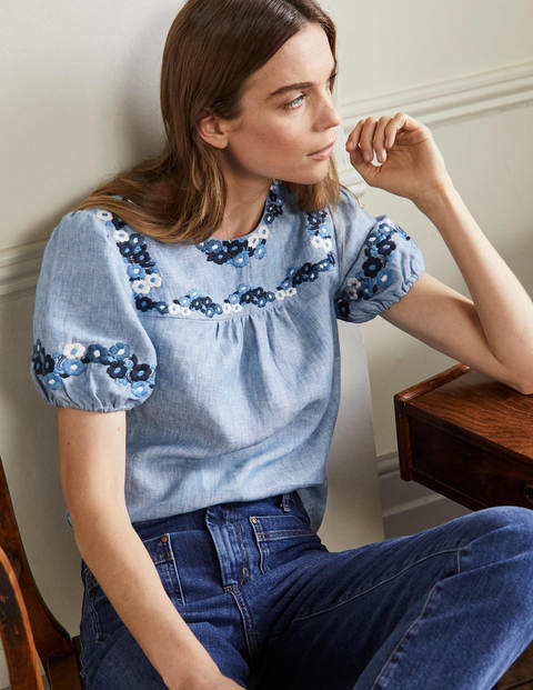 Embroidered Linen Top - Chambray