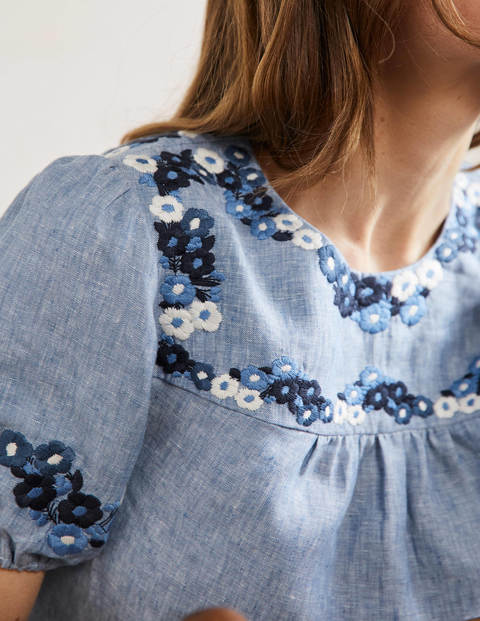 Embroidered Linen Top - Chambray