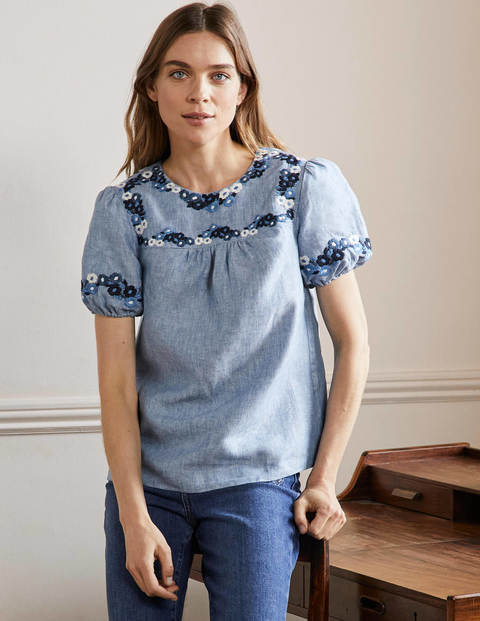 Embroidered Linen Top - Chambray | Boden AU