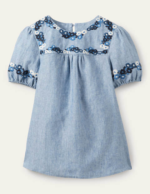 Embroidered Linen Top - Chambray | Boden AU