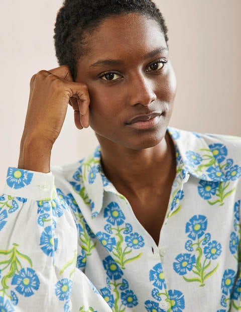 Anna Blouson Linen Shirt - Molly Mahon Flower Woodblock