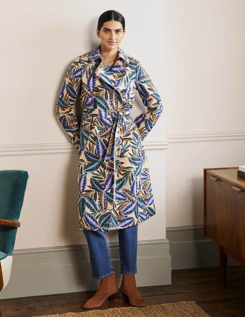 Printed Cotton Trench Coat - Rope, Exotic Leaves