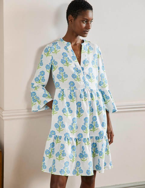 Relaxed Linen Tiered Dress - Bahama Blue Flower Woodblock