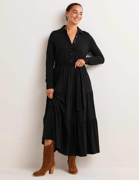Tiered Jersey Maxi Shirt Dress - Black 