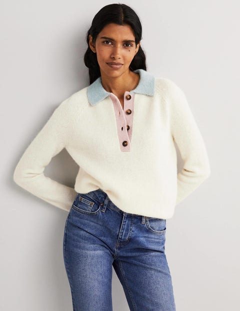 Fluffy Henley Sweater - Ivory, Surf 