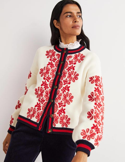 Knitted Bomber Jacket - Ivory, Red 