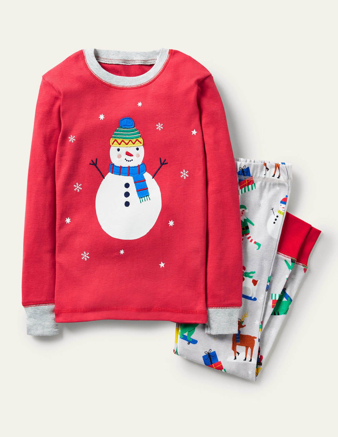 Boden Cosy Applique Long Pajamas - Rockabilly Red/Grey Snowman
