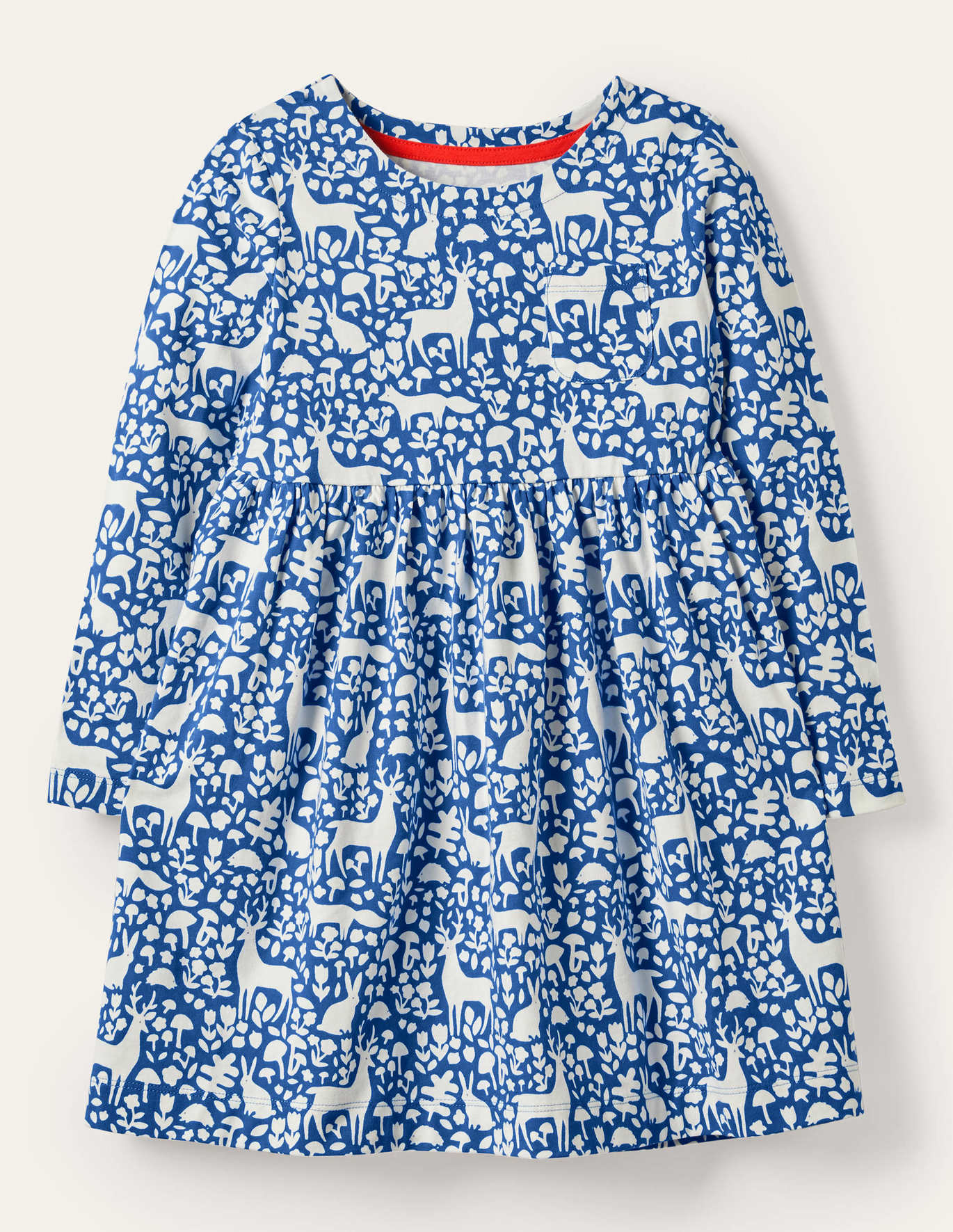 Boden Long Sleeve Fun Jersey Dress - Elizabethan Blue Woodland
