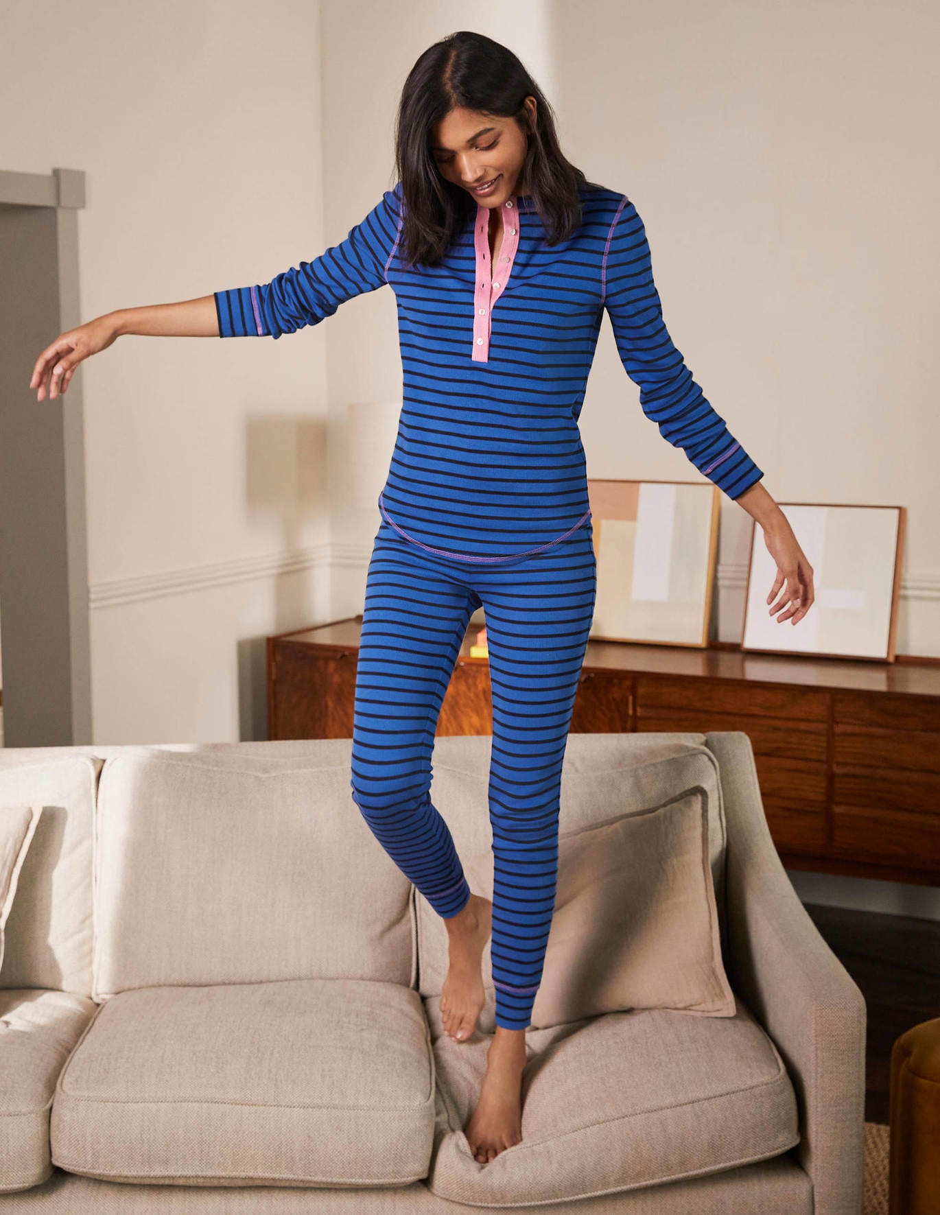 Boden Ribbed Pajama Leggings - Porcelain Blue and Navy Stripe