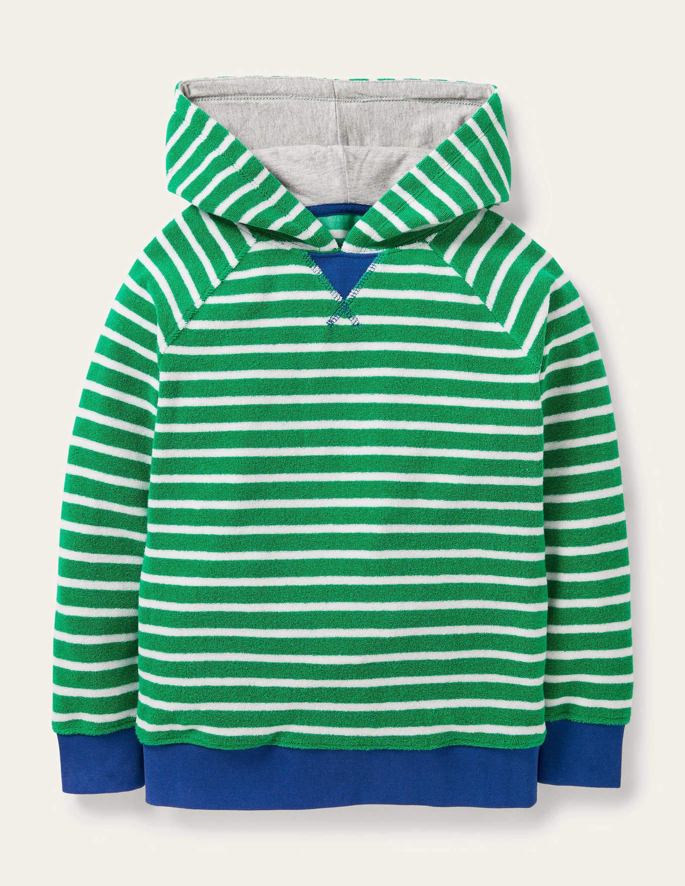 Boden Towelling Pull on Hoodie - Green Pepper/Ivory Stripe
