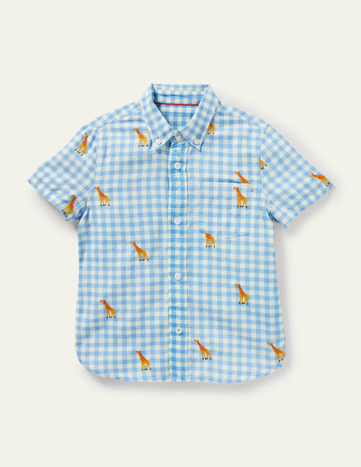Boden Holiday Cotton Linen Shirt - Gingham Embroidered Giraffe