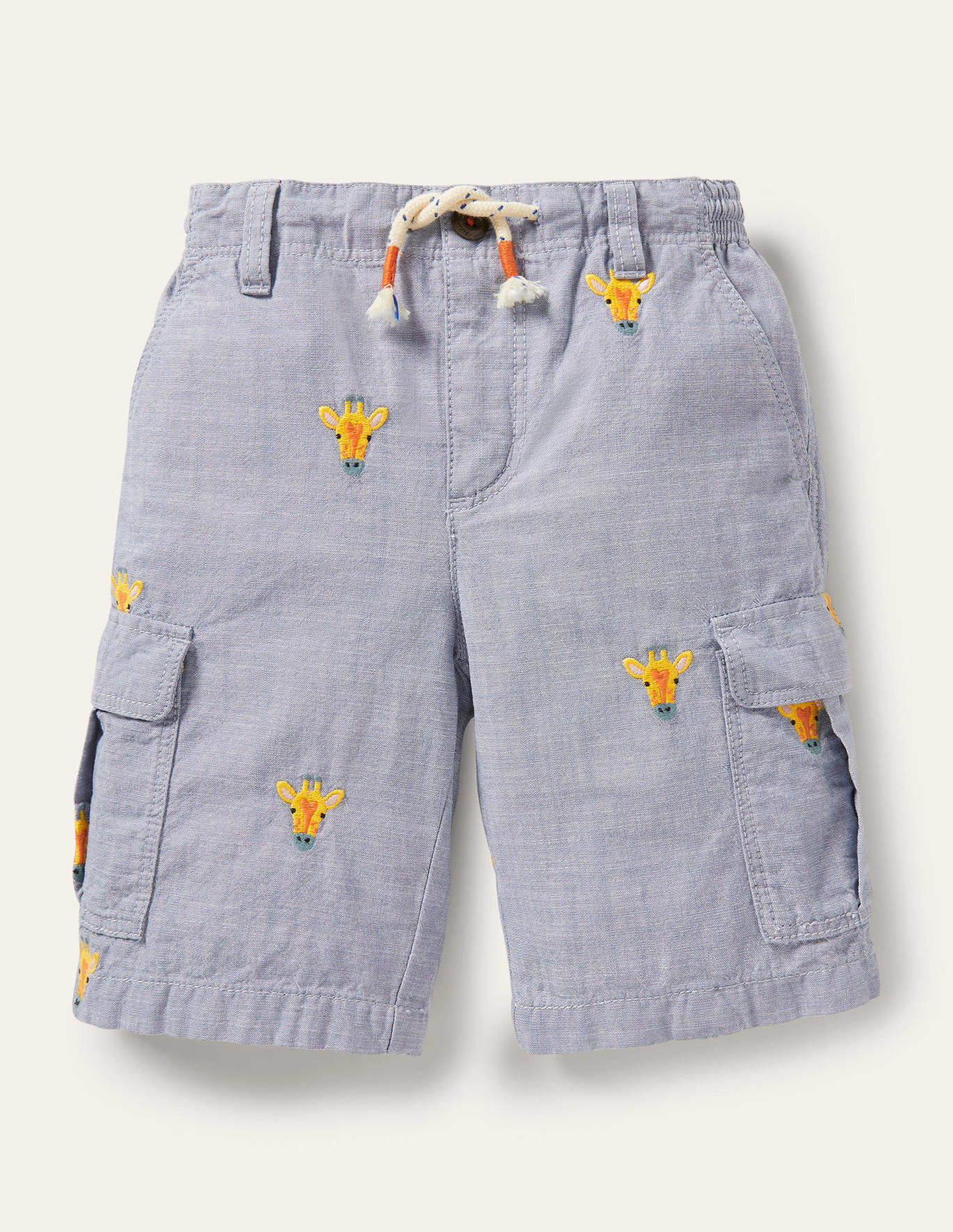 Boden Cargo Shorts - Chambray Giraffe Embroidery