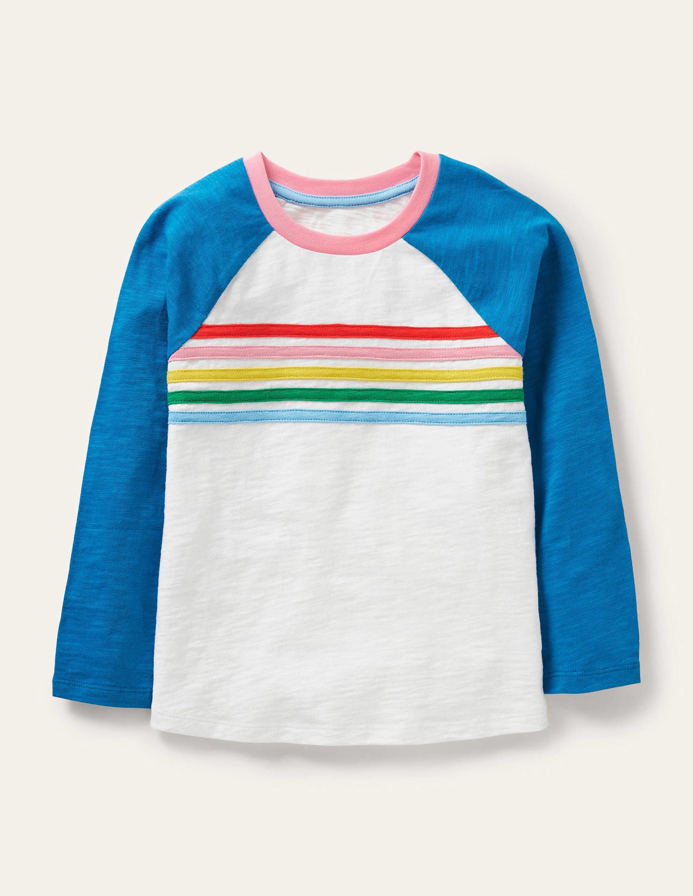 Boden Stripe Slub Raglan T-shirt - Bright Marina Blue Rainbow