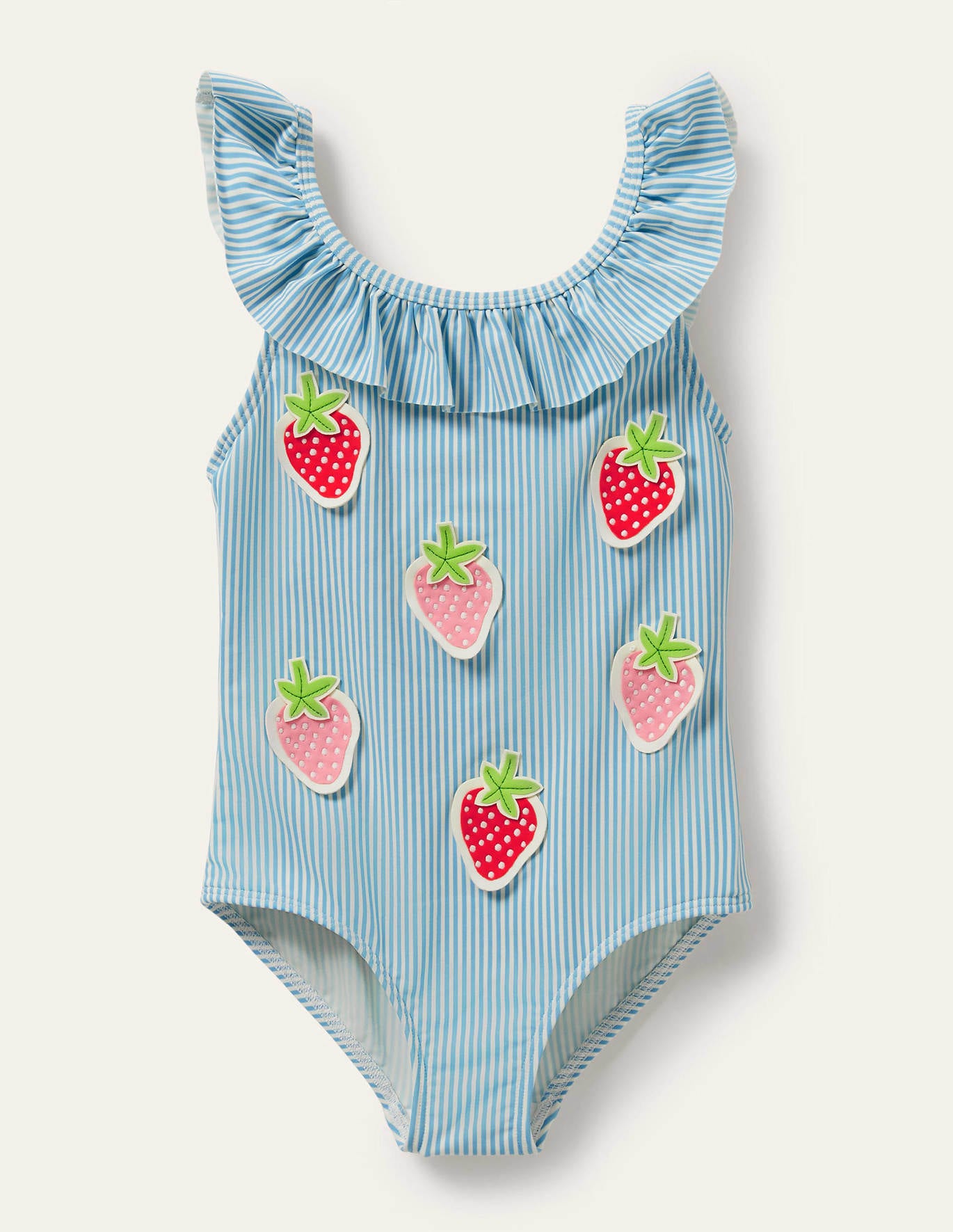 Boden Blue Stripe Strawberry Frill Swimsuit - Blue/Ivory Ticking Strawberry
