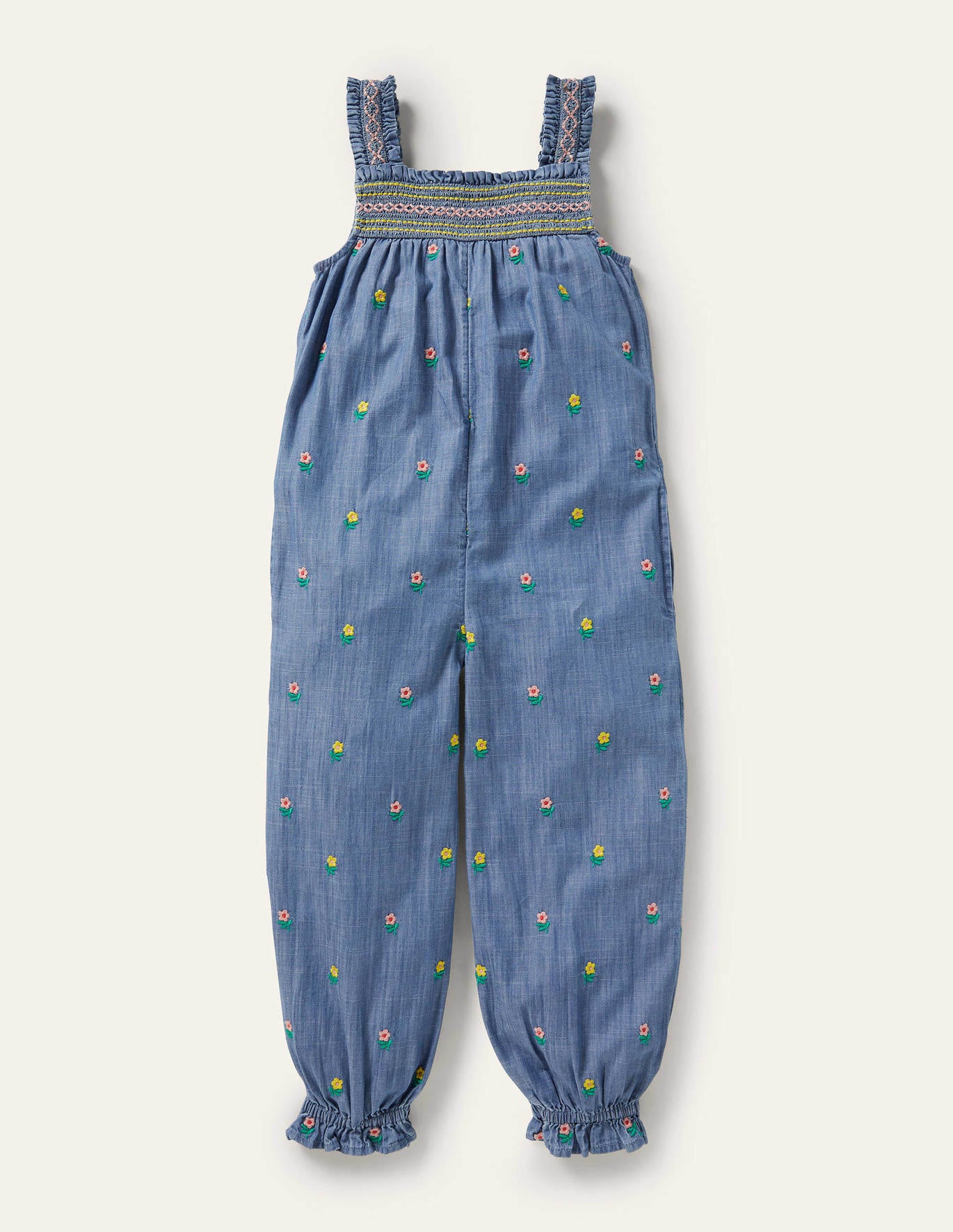Boden Floral Smocked Overalls - Chambray Floral