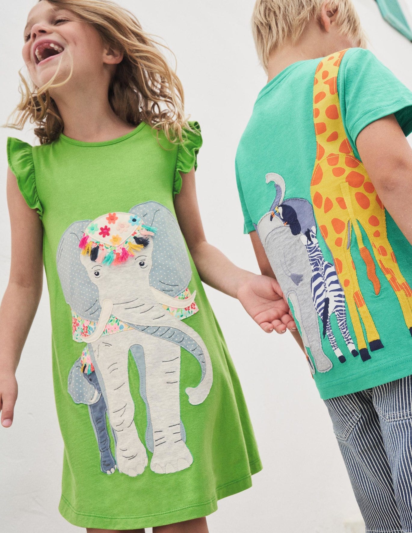 Boden Frill Sleeve Applique Dress - Greenfinch Elephant