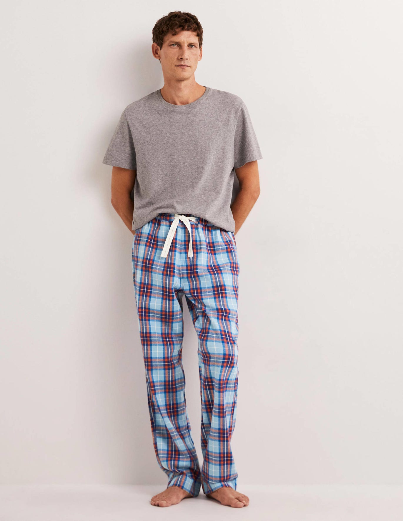 Boden Brushed Cotton Pajama Bottoms - Dusty Blue/Red Check