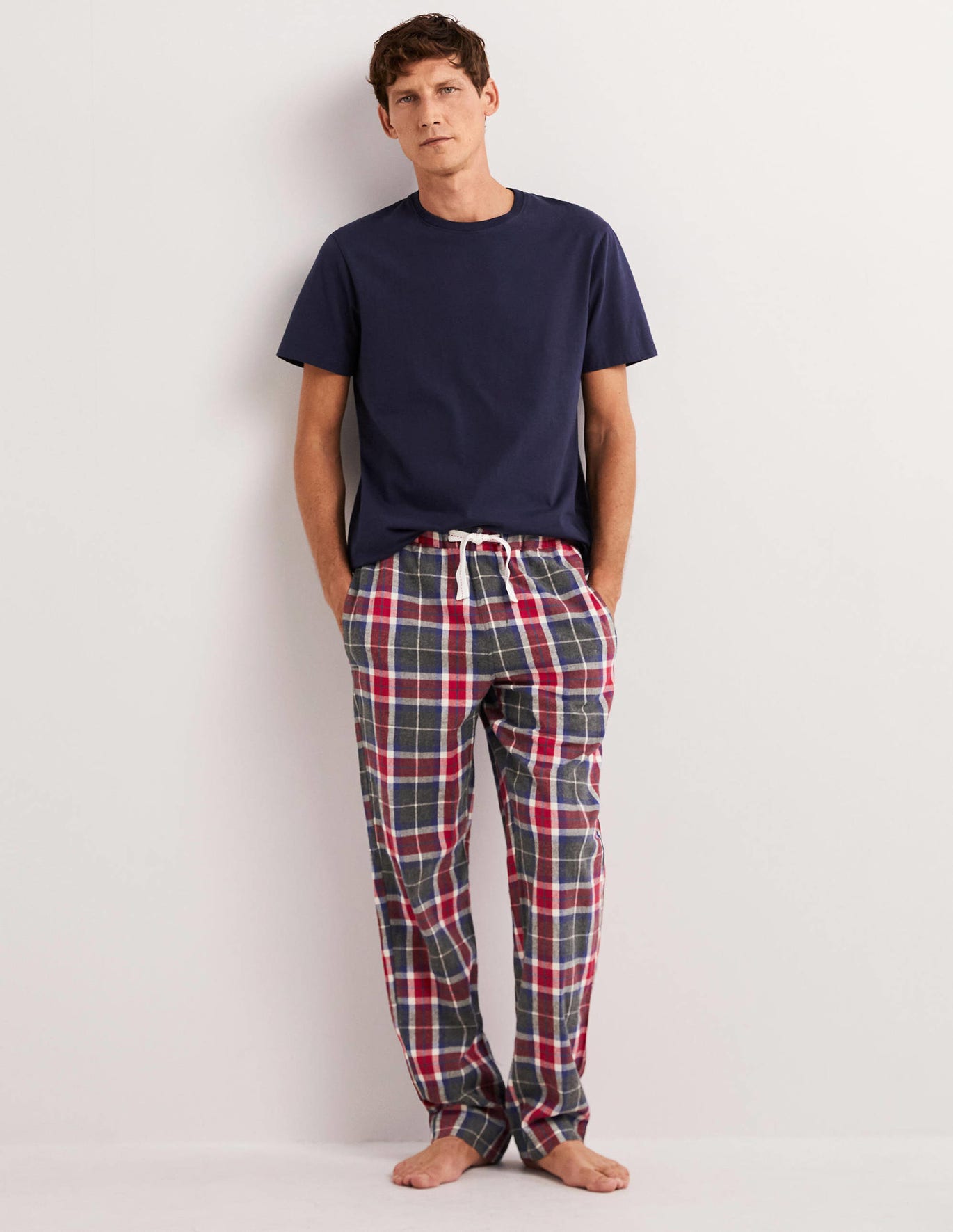 Boden Brushed Cotton Pajama Bottoms - Charcoal Marl/Red Check