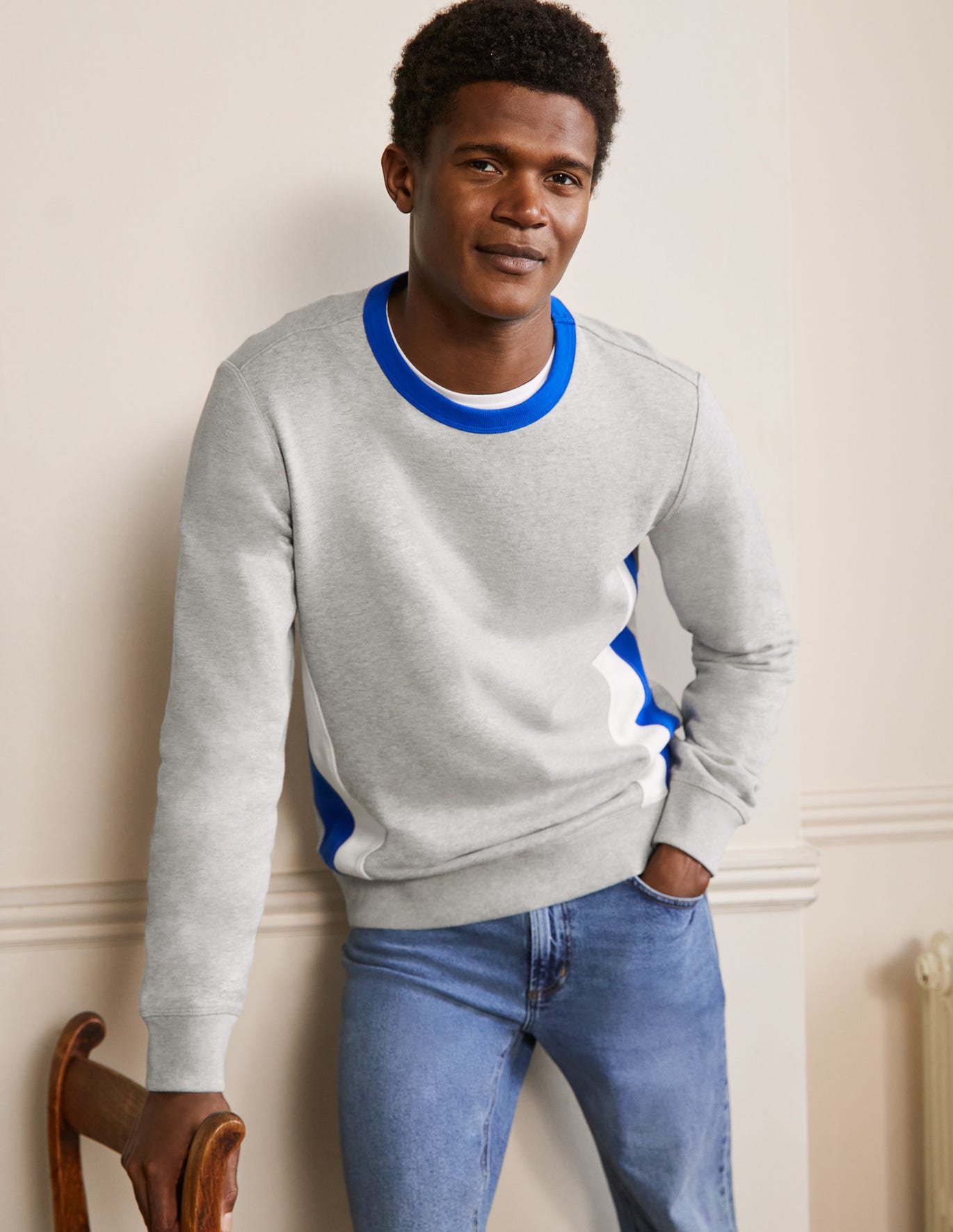 Boden Side Stripe Sweatshirt - Grey Marl/ Blue Side Stripe