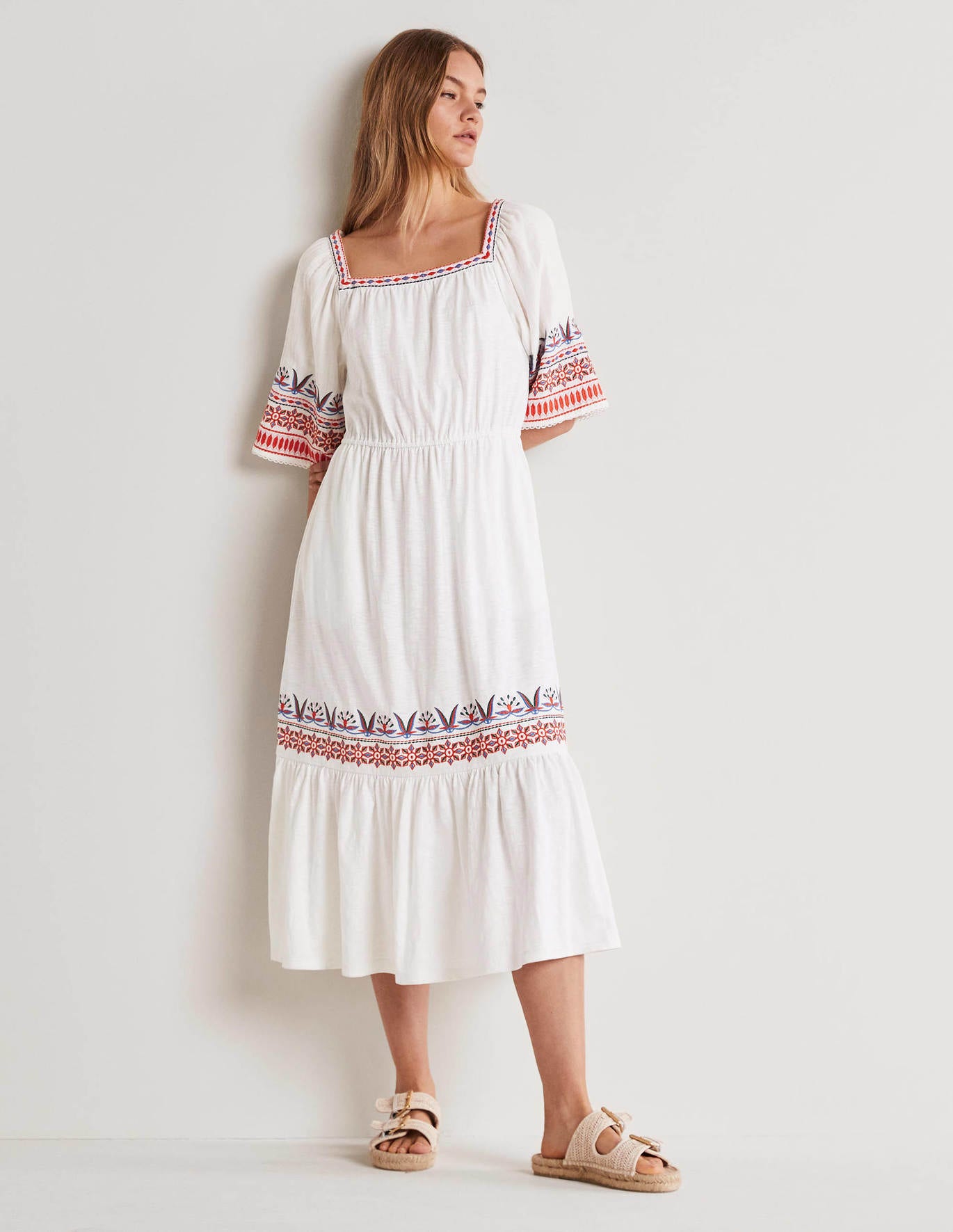 Boden Jersey Embroidered Midi Dress - White