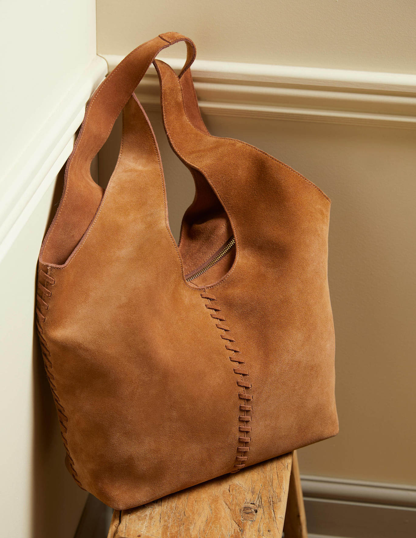 Boden Suede Stitch Detail Hobo Bag - Tan