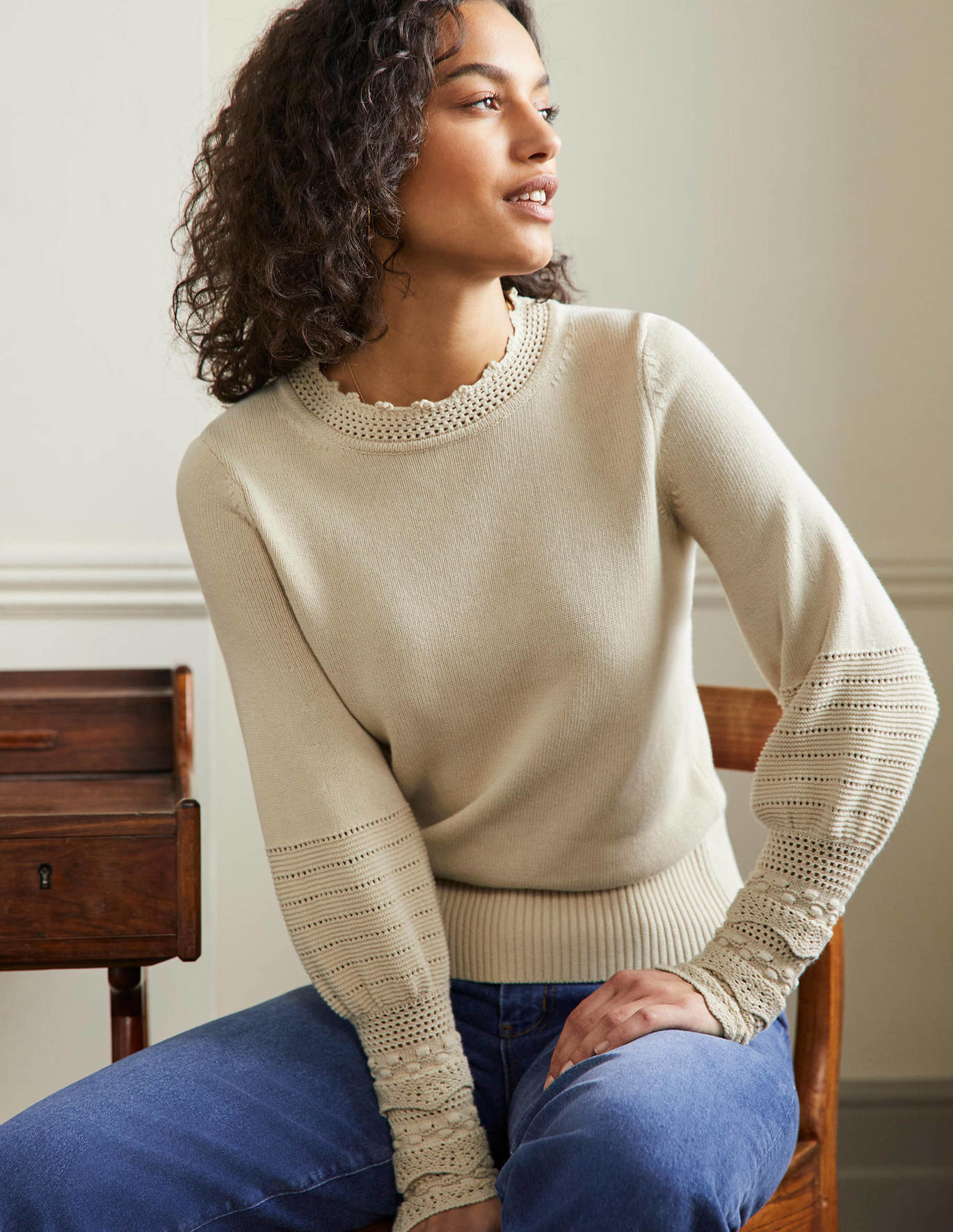 Boden Sleeve Detail Knitted Sweater - Oatmeal