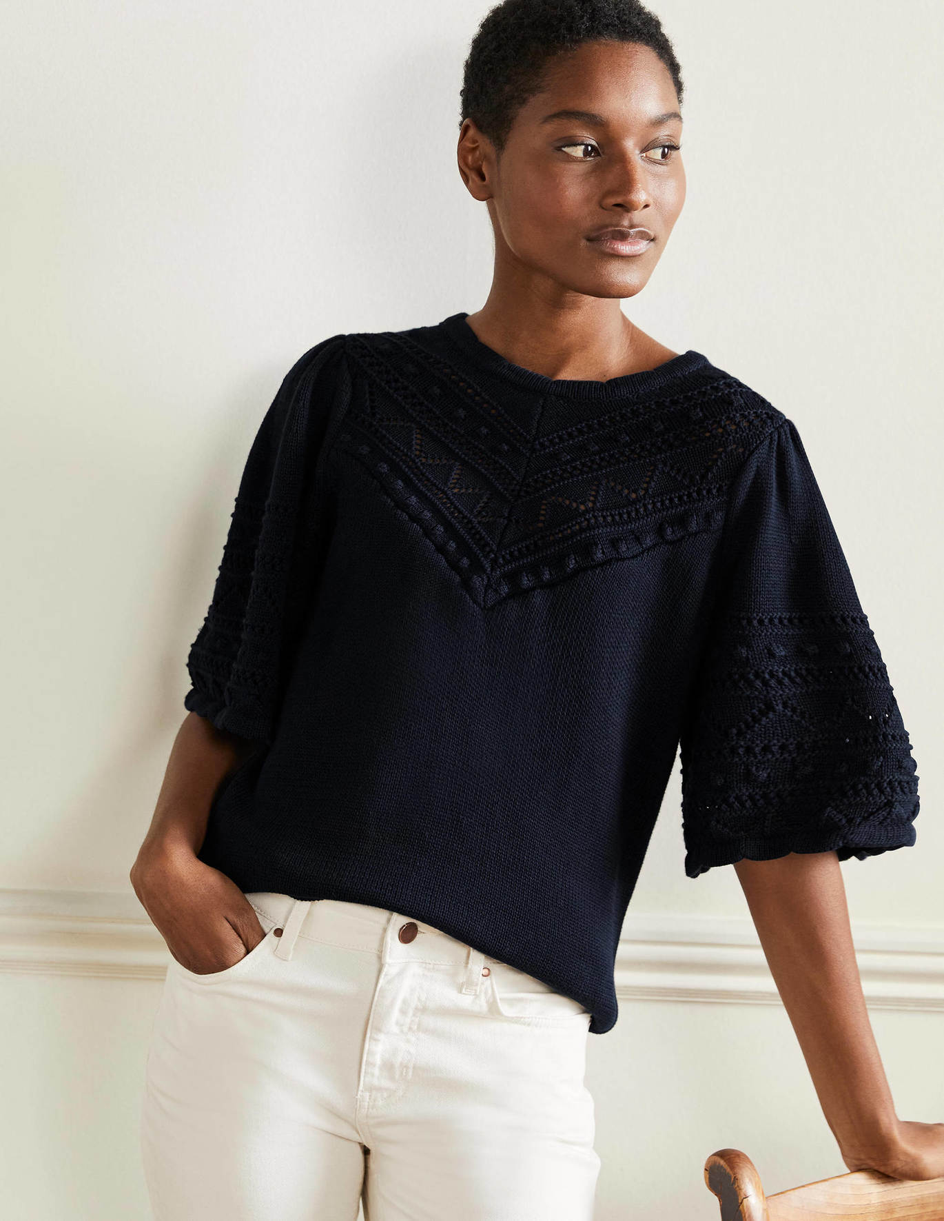 Boden Wide Sleeve Crochet Sweater - Navy