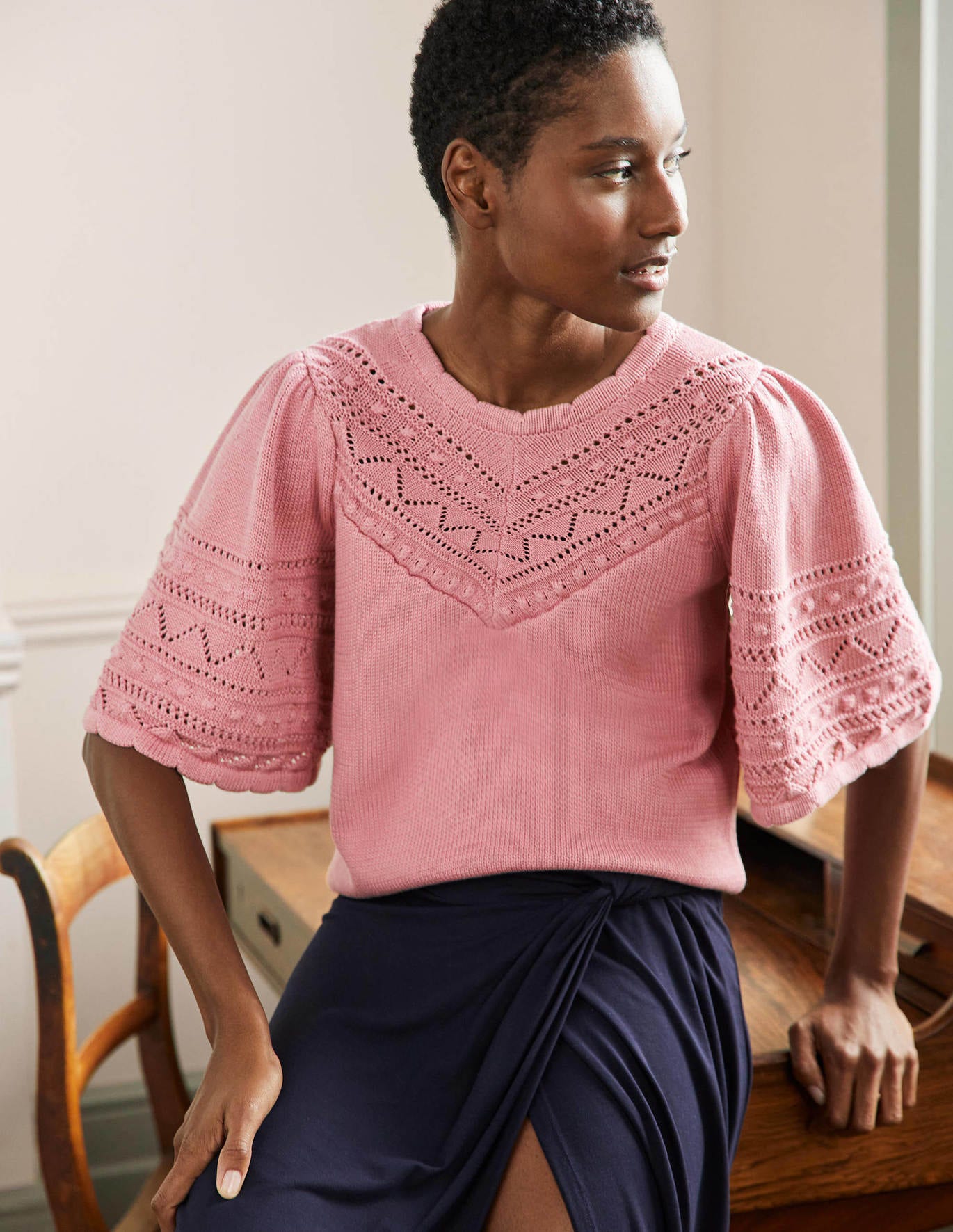 Boden Wide Sleeve Crochet Sweater - Formica Pink