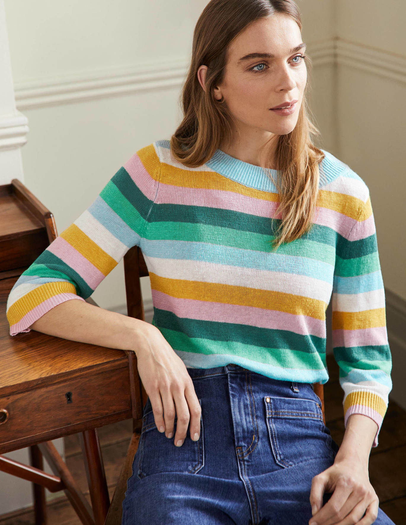 Boden Relaxed Linen Sweater - Shady Glade, Green Rainbow