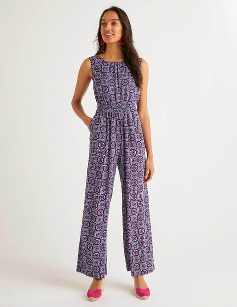 Elisa Pompom Trim Jumpsuit - Bold Blue, Sun Tile | Boden US